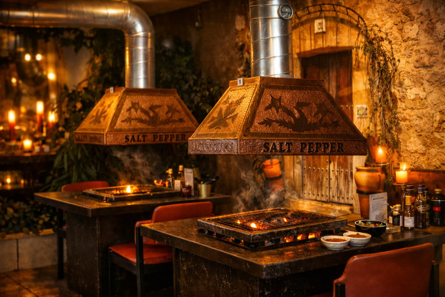 Interieur van Salt & Pepper in Eindhoven met houtskoolgrills aan tafel en sfeervolle Turkse BBQ-setting