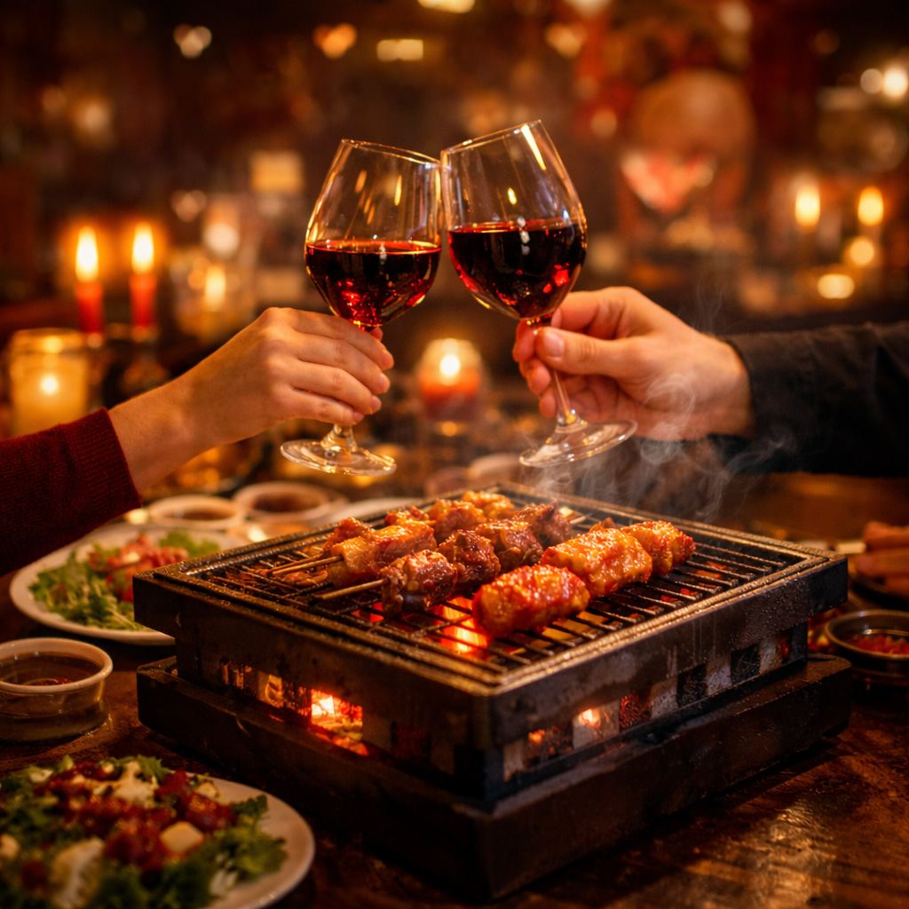 Romantisch diner bij Salt & Pepper in Eindhoven waarbij een stel samen aan tafel grilt op een houtskoolbarbecue