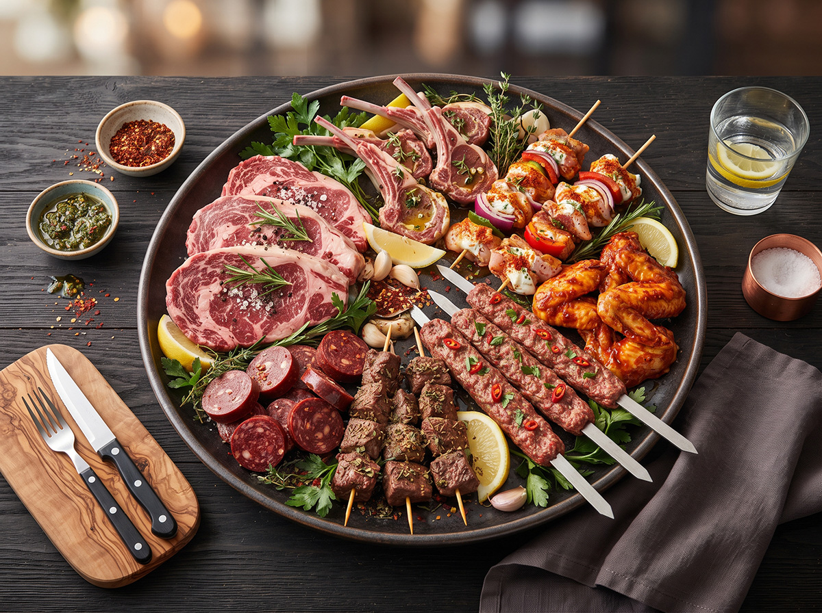 Premium vleesselectie met steak, lamskoteletten, kebab en kip voor de tafelbarbecue bij Salt & Pepper in Eindhoven.